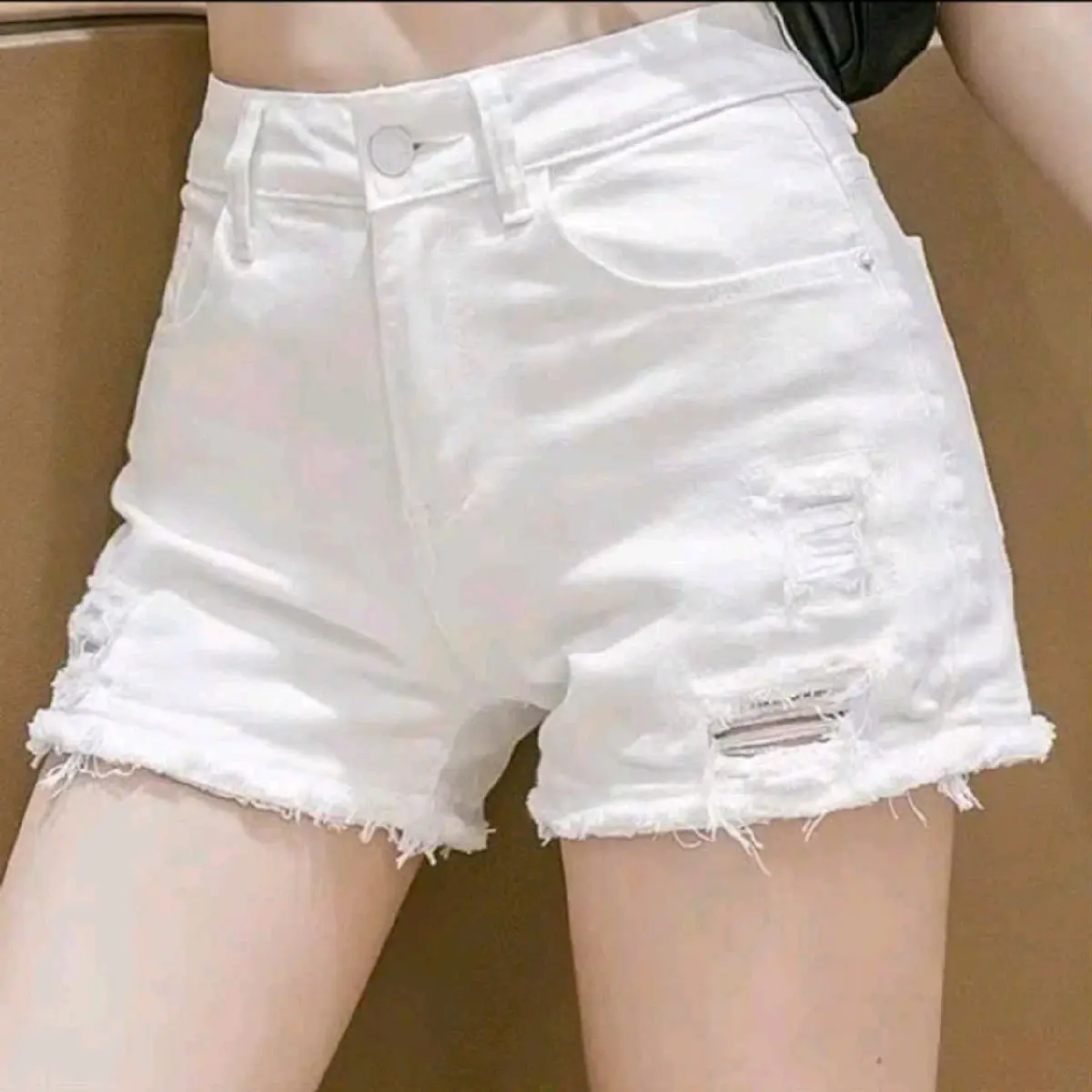 Quần Shorts Đùi Jean Co Giãn Nữ Lưng Cao Rách Đùi Tua Rua Nhung Women Voi Pants