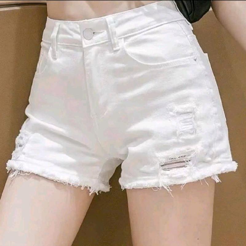 Quần Shorts Đùi Jean Co Giãn Nữ Lưng Cao Rách Đùi Tua Rua Nhung Women Voi Pants