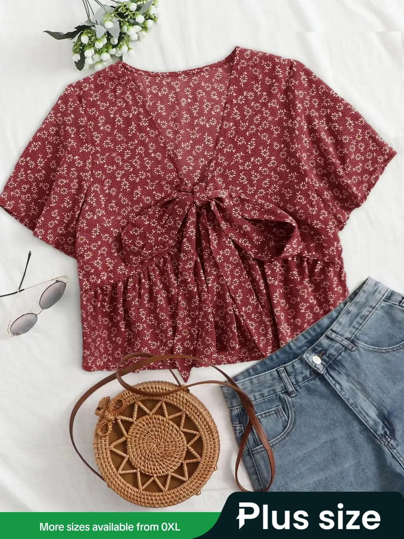 【Plus Size】 Floral Print Knot Front Blouse, Casual Short Sleeve V Neck Top for Daily Wear, Women Plus Clothing for All Seasons