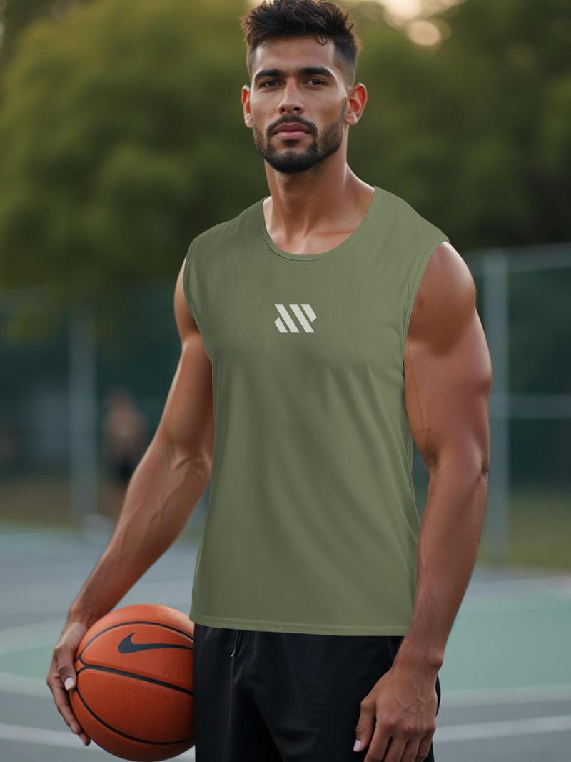 Product Introduction of Sporty Men's Geometric Print Round Neck Sports Tank Top, Regular Fit Quick Drying Breathable Sleeveless Sports Top for Gym Workout Running, Casual Sportswear for Men 3