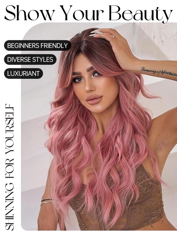 Women's Pink Long Curly Wigs, 30inch Gorgeous Fluffy Wigs with Bangs, Striking Synthetic Costume Wigs for Party & Daily Use, Anime Cosplay 2