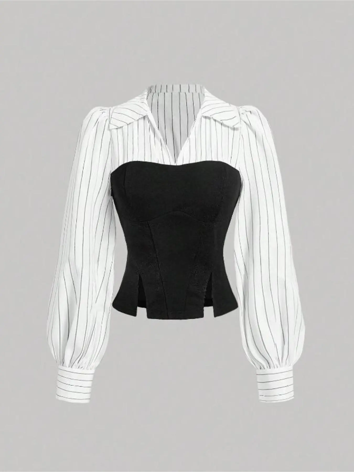 Women's Patchwork Striped Print Bishop Sleeve Split Hem Blouse, Elegant Long Sleeve Collared V Neck Top for Fall & Winter, Women's Clothing for Daily Wear