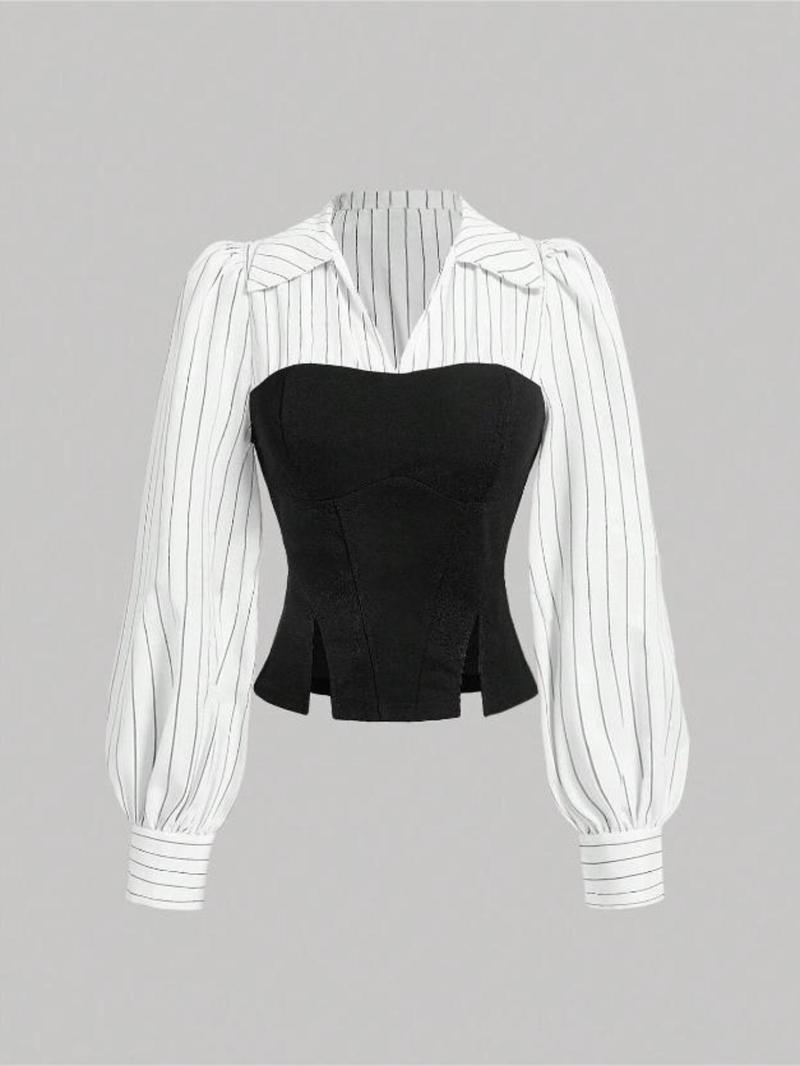Product Introduction of Women's Patchwork Striped Print Bishop Sleeve Split Hem Blouse, Elegant Long Sleeve Collared V Neck Top for Fall & Winter, Women's Clothing for Daily Wear 12