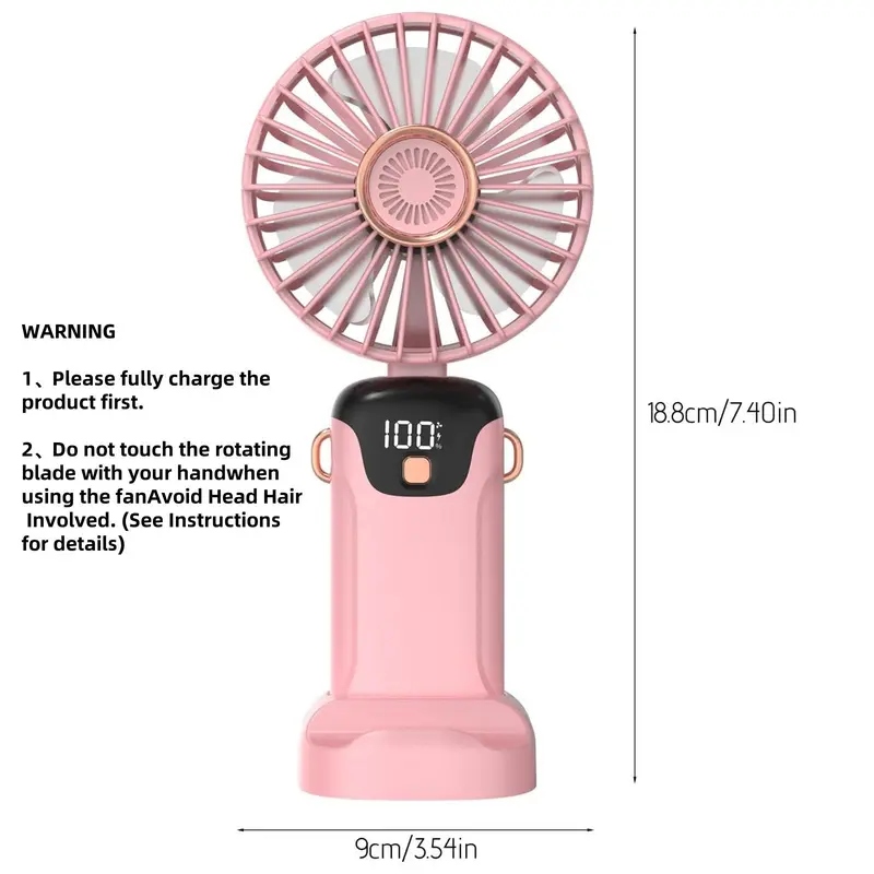 Portable Handheld Fan, USB Rechargeable Fan with LED Display, 90 °   Foldable Desk Fan with Base, 5 Speed Makeup Fan for Women 1