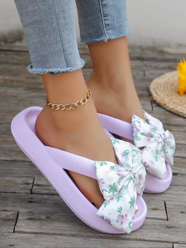 Women's Bowknot Design Flip Flops, Cute Casual Comfortable Home Slippers, Non-slip Slippers for Summer Indoor & Outdoor Wear, Girl 4