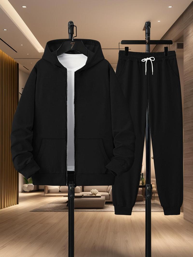 Product Introduction of Men's Solid Zip Up Hoodie & Drawstring Waist Sweatpants Two-Piece Set, Casual Regular Fit Long Sleeve Hooded Sweatshirt & Jogger Pants for Daily Wear, Men's Two-piece Outfits for All Seasons 1