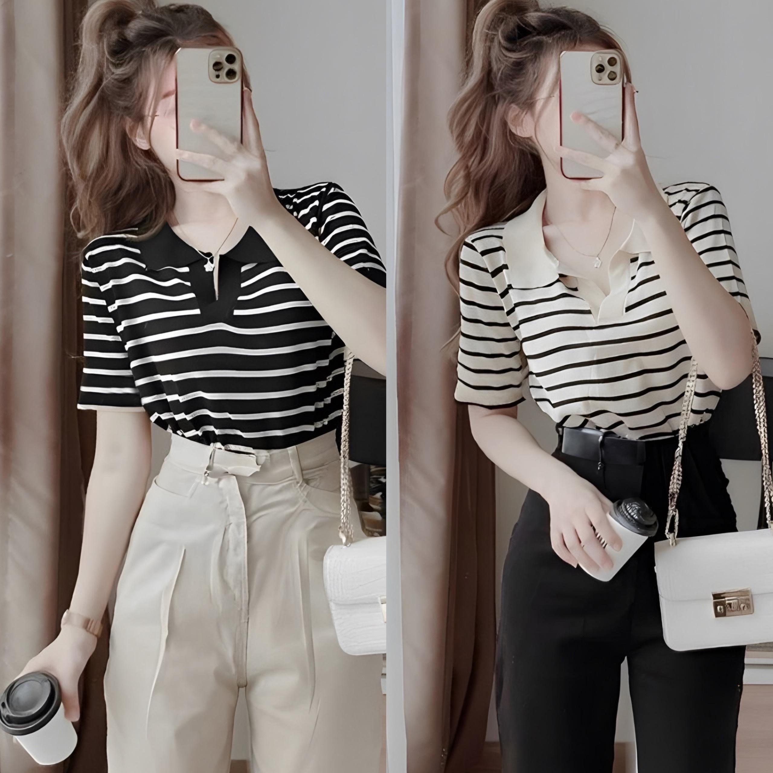 Thời Trang Bigsize Áo Thun Polo Sọc Vải Thun Tăm  50 - 100Kg Dễ Thương Nữ Women Top Cổ Tròn - A.1192