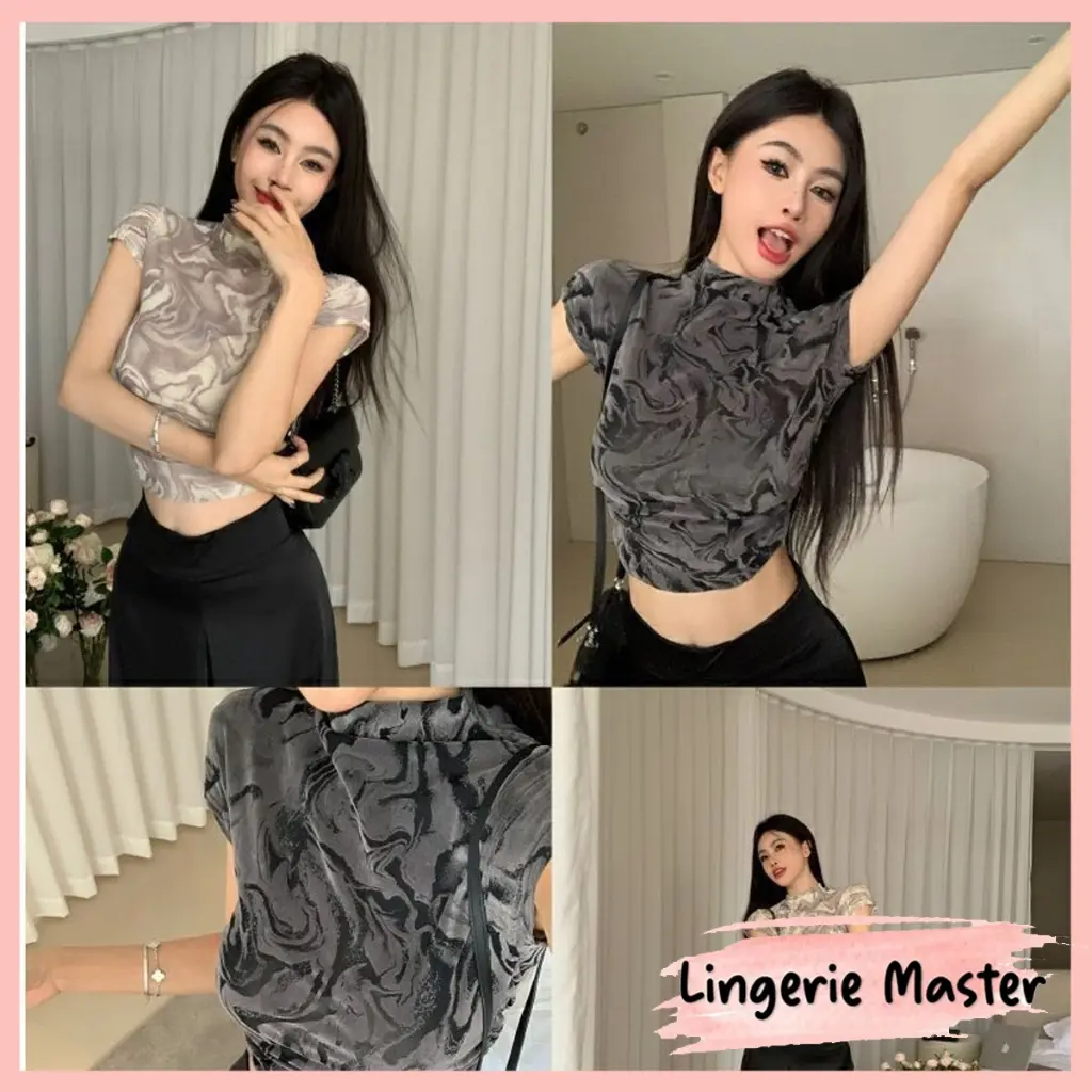 (T-148) Crop Top Marble Short Sleeve Pakaian Atasan Wanita Import