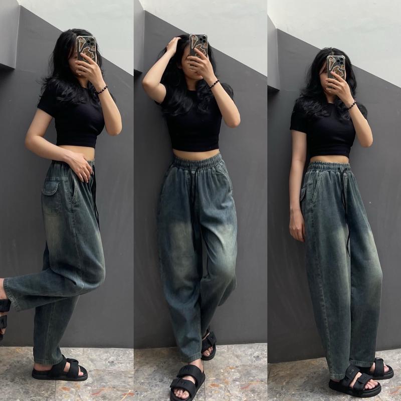 [M501] Quần baggy jeans trơn lưng chun form thụng rộng chín tấc  chất mềm mịn Women 1