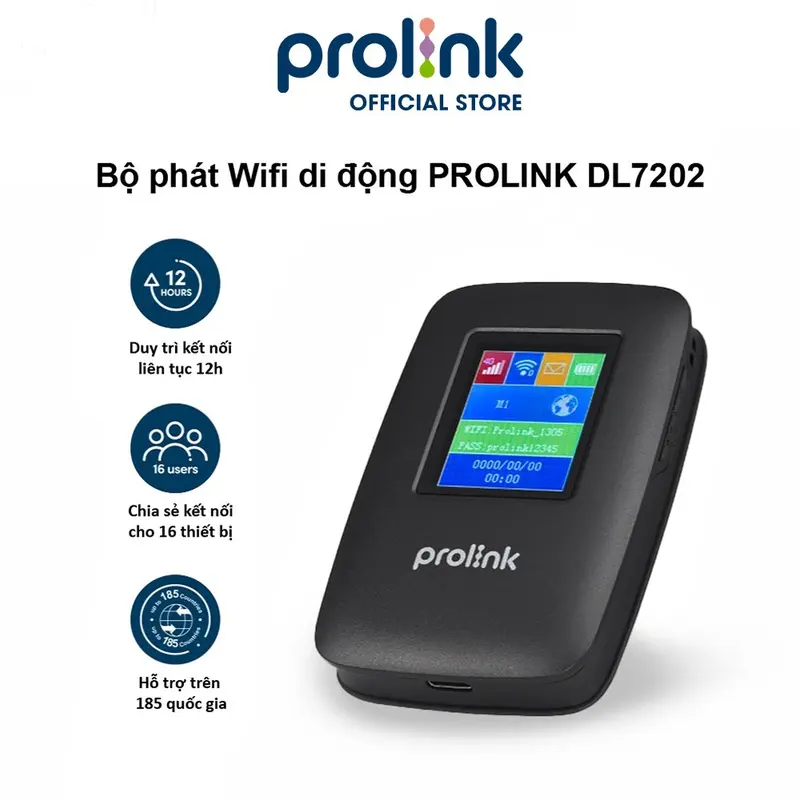 Bộ phát Wifi di động PROLiNK DL7202 4G LTE 150Mbps, pin 3100mAH, TFT 1.44", hỗ trợ 185 quốc gia - Mobile 0