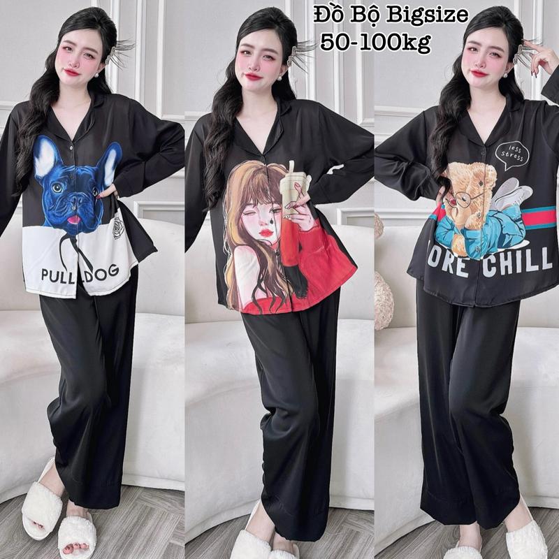  Đồ Bộ Bigsize - Đồ Ngủ Mặc Nhà Pijama Bigsize Lụa Mango Tay Dài in 5D Cao Cấp Xinh Xắn 50-100kg Nhung Quần Ngủ Nho - 2155 