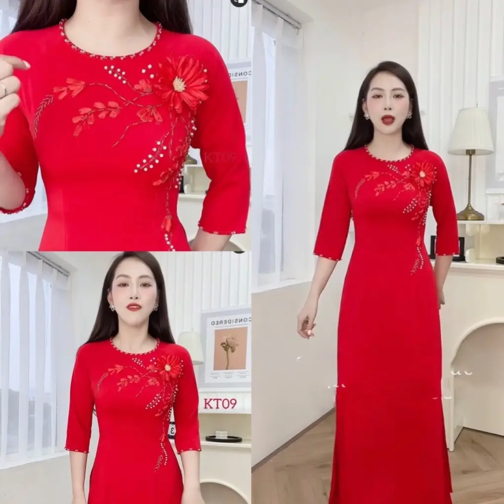 Áo Dài 1 bông to cổ tròn vải lụa My