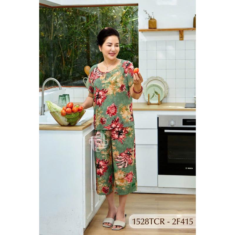 Đồ bộ trung niên nữ mặc nhà Thành Duyên bông tay con quần ống rộng thoáng mát vải Tole không rút B - 1528TCR