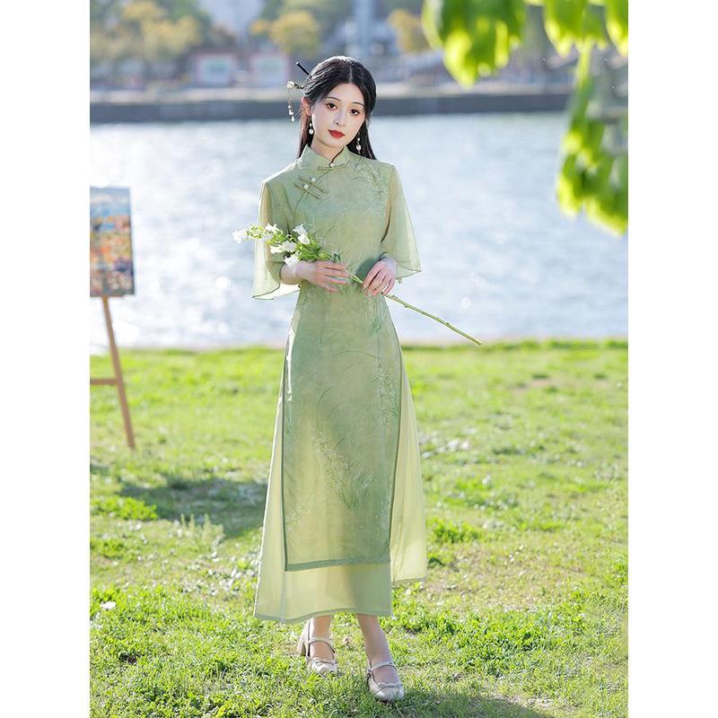 Chiêu Gấm Xanh Bộ Đồ Trà Ao Dai, Phong Cách Trung Quốc Cải Tiến, Thích Hợp Cho Bé Gái Trẻ, Thích Hợp Cho Kỳ Thi Tuyển Sinh Đại Học Lan, Hàng Mới Về Mùa Hè 2025, Miễn Phí Vận Chuyển Women Dress 2