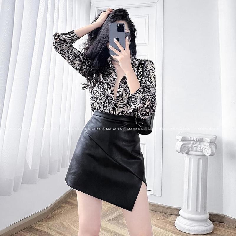 Áo sơ mi lụa nữ dài tay cao cấp công sở họa tiết hoa trà nền đen, áo sơ mi họa tiết thiết kế NH Boutique 0