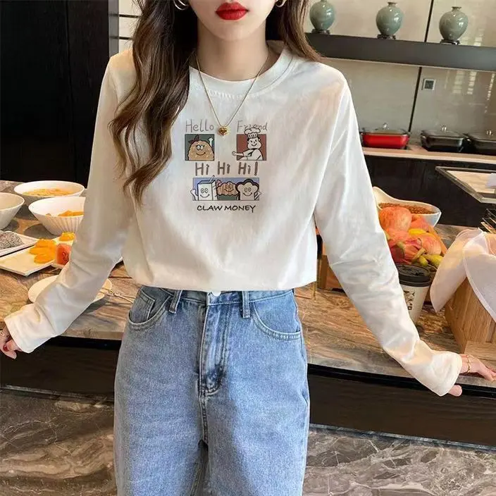 Áo Thun Dài Tay, Màu Trắng, Dành Cho Nữ, Hàng Mới Về Mùa Xuân Và Mùa Thu, Phong Cách Hàn Quốc, Thương Hiệu Thời Trang Phong Cách Preppy, Cổ Tròn, Dáng Rộng Vừa Vặn, Có Thể Mặc Bên Trong, Áo Sơ Mi Lớp Cơ Sở
