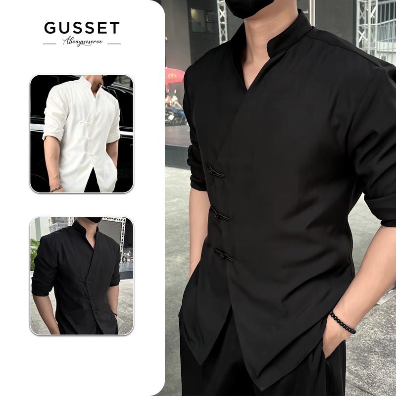 Áo sơ mi nam thiết kế nút tàu cách điệu, thời trang chất liệu vải chéo đứng form Gusset - Menswear Shirt