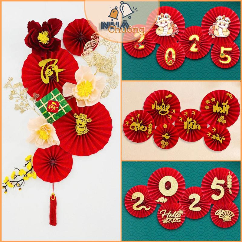 Set 6 quạt giấy đỏ trang trí Tết 2025, tiệc cưới, sinh nhật, lễ hội Loại Đẹp