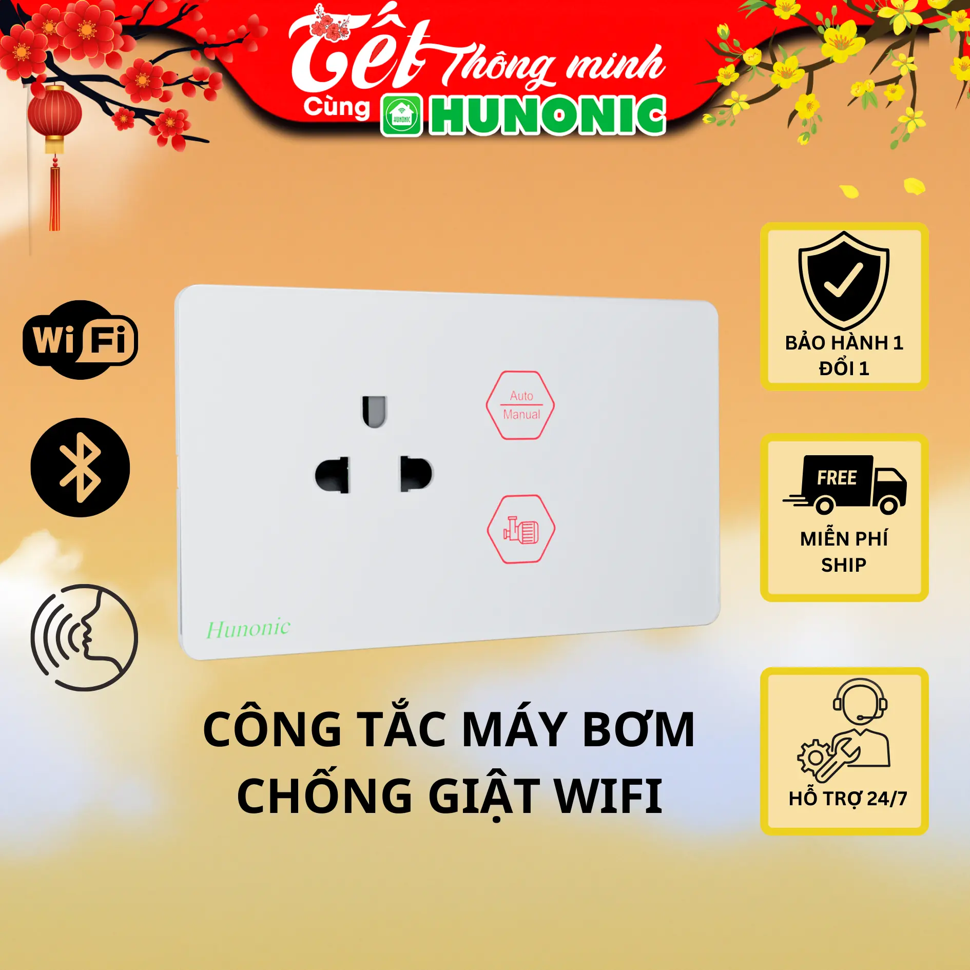 Công tắc cảm ứng thông minh Wifi Chống Giật Máy Bơm SPS Hunonic Điều khiển từ xa qua điện thoại