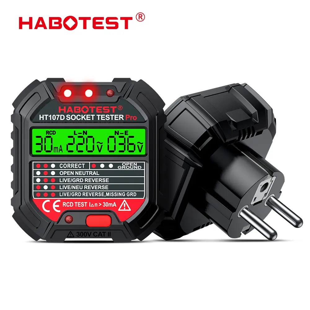 HABOTEST HT107D GFCI Socket Tester 48V-250V Earthing Tester Pencari Kebocoran Listrik Outlet Tester Otomatis Sirkuit Listrik Polaritas Tegangan Detektor Breaker Fier