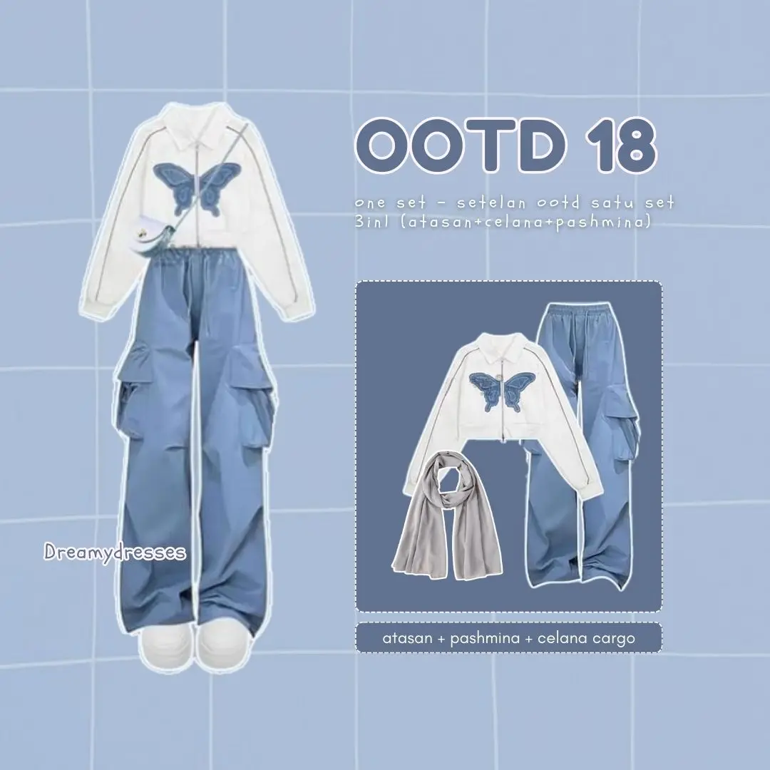 3in1 Set 18 - One Set Korean Style Hoodie Pashmina Ceruty Celana Cargo Felix Biru Setelan Wanita Outfit Kekinian Jennie