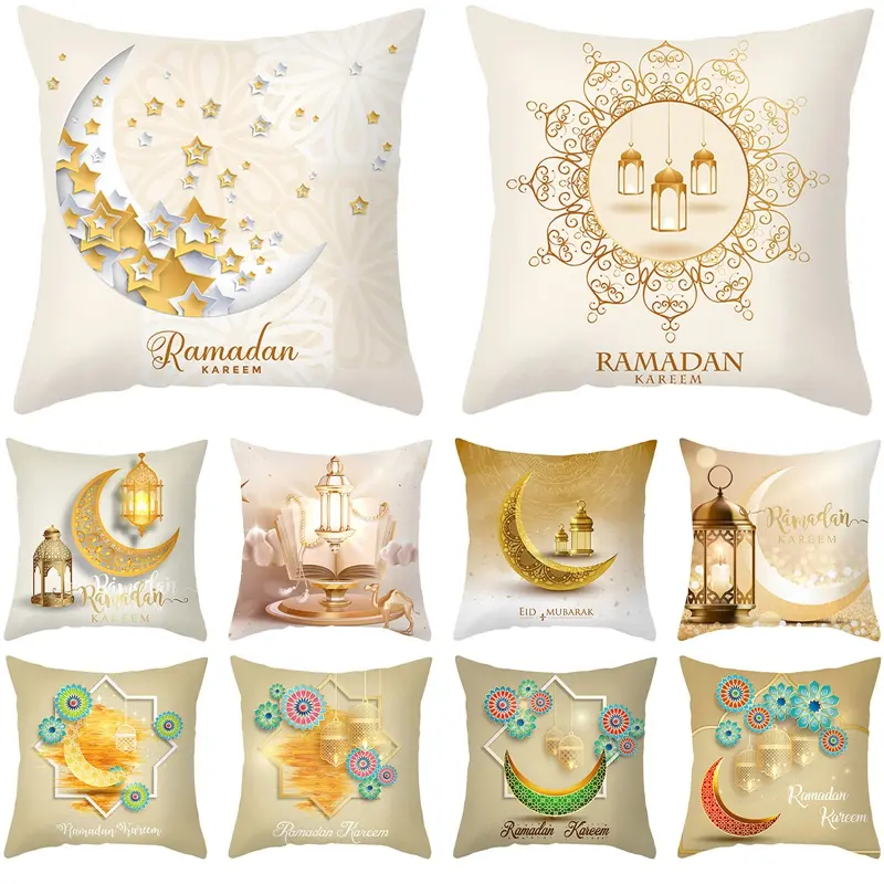 Eid Mubarak Moon Cushion Covers Square Elegant Printed Zipper Closure Pillow Core Living Room Chair Sofa Bedroom Decora