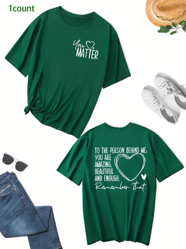 【Plus Size】Letter & Heart Print Drop Shoulder Tee, Casual Fashion Short Sleeve Round Neck T-Shirt for Summer, Women's Plus Clothing for Daily Wear, Tshirt 1
