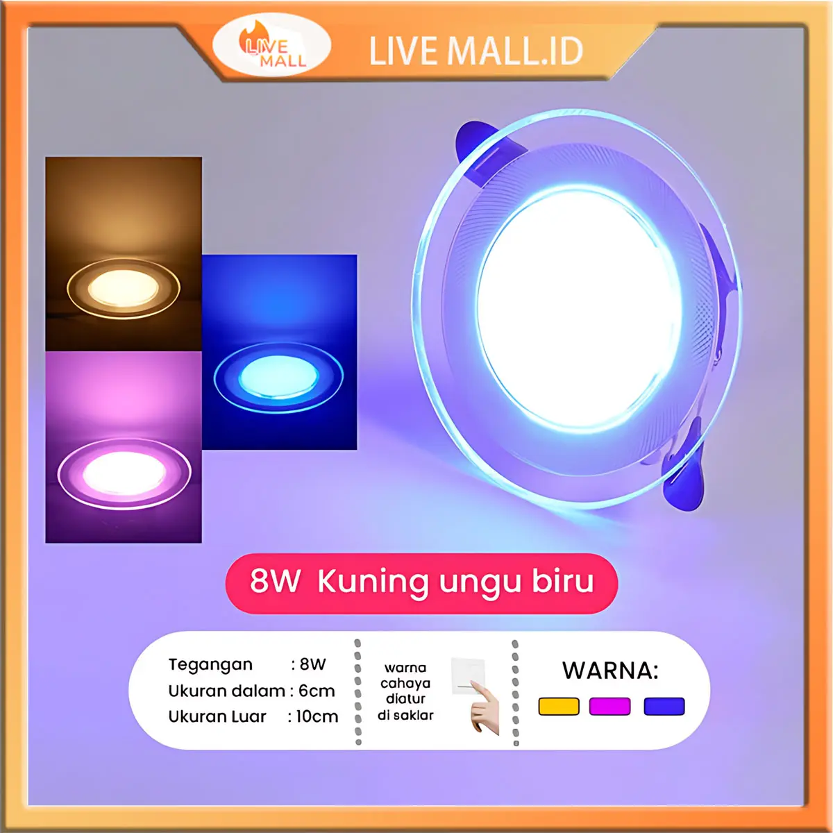 LAMPU DOWNLIGHT LED 3 WARNA 6WATT / KUNING BIRU UNGU / PUTIH KUNING WARMWHITE / PANEL LED /LAMPU PLAFO