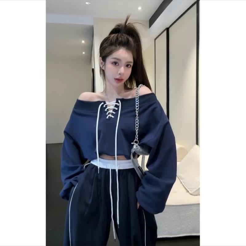 Áo nỉ trễ vai đan dây phong cách hottrend Nữ Top Women Hoodie Lệch Vai ĐAN DÂY