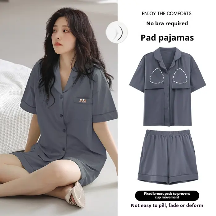 100% Cotton Pajamas Women Padded Pyjamas Set Summer Lady Short sleeve Sleepwear Woman Solid Color Chest Pad Loungewear Thin M-2XL