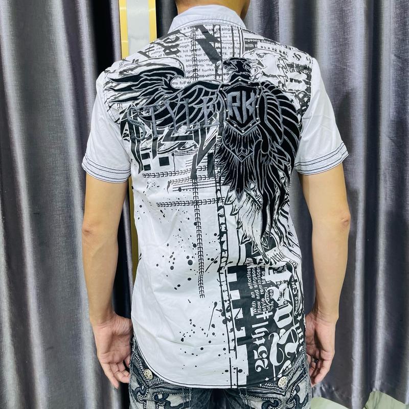 Áo sơ mi nam tay ngắn màu trắng , họa tiết in thêu đại bàng , chất vải kaki cotton , nút hợp kim đồng