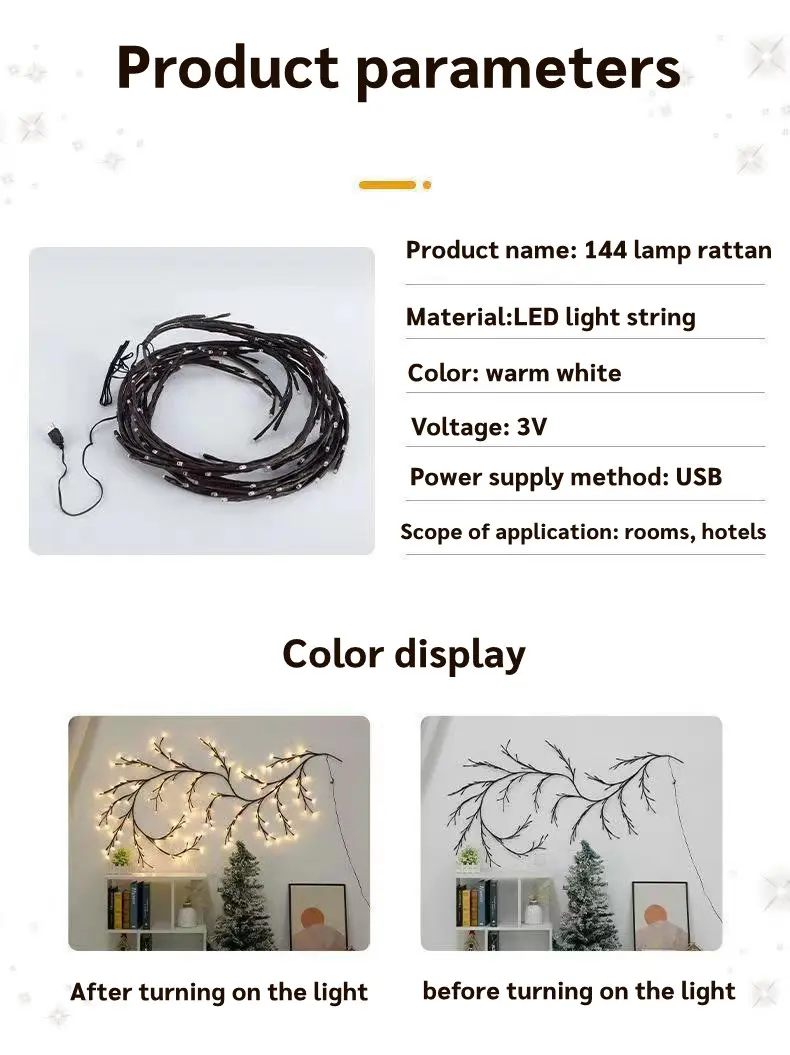 Product Introduction of 2.3m 144LEDS Bendable Willow Vine Lights, USB Rattan Tree Decorative Light, Night Light, For Wall Bedroom Indoor Outdoor new year decoration,Room layout Nature Ornaments stranger things flickering lights DIY Smartphones Christmas gift for girlfriend 13