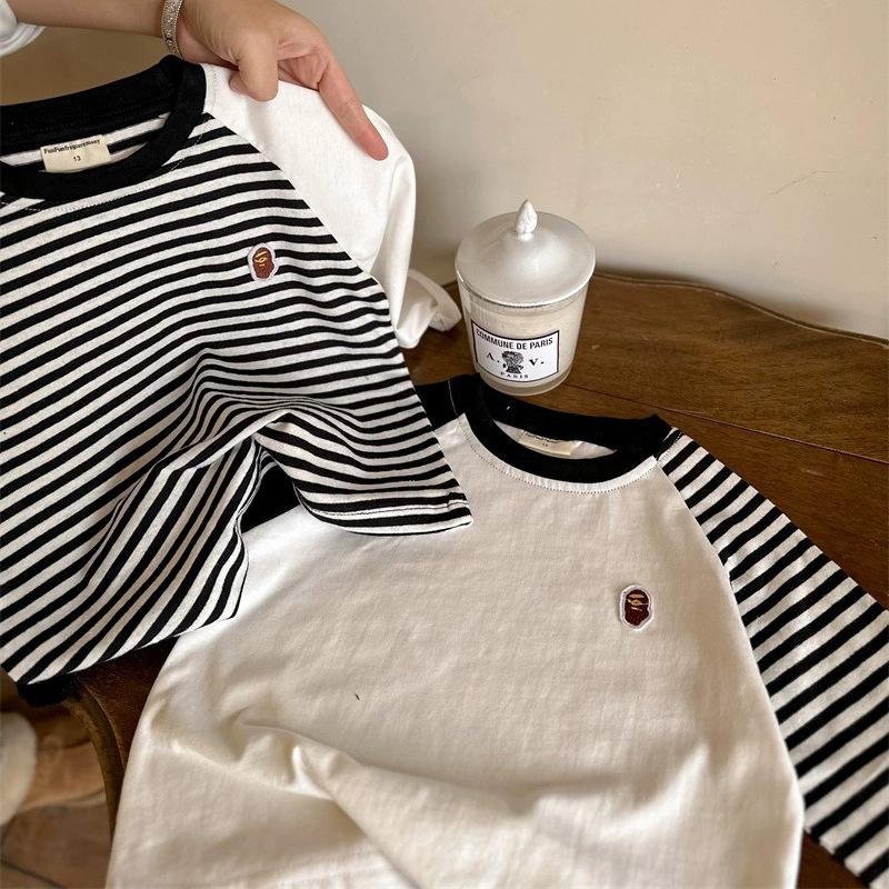 Áo Thun Bé Trai Và Bé Gái, Chất Liệu Cotton, Dài Tay, Thêu Và Khâu, Thiết Kế Sọc, Dễ Phối Đồ, Thích Hợp Cho Quần Áo Trẻ Nhỏ, Áo Lớp Nền, Lý Tưởng Cho Mùa Xuân Và Mùa Thu, Phong Cách 2024 2