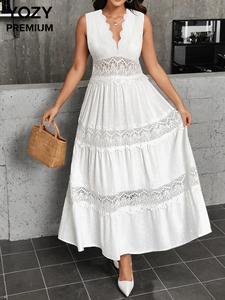 YOZY Women's Plain Contrast Lace V Neck A Line Dress, Casual Sleeveless Long Dress for Summer, Ladies Clothes for Beach Holiday