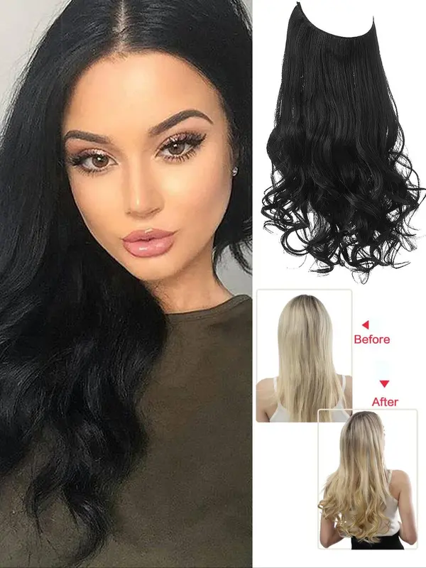 Women's 22-inch Invisible Wire Hair Extension,  Wavy Curly Synthetic Short Clip for Women & Girls, Fashion Wig for Party, Daily Clothing Decor, Female 2024 Trendy Matching Natural Wavy Wig Piece 1