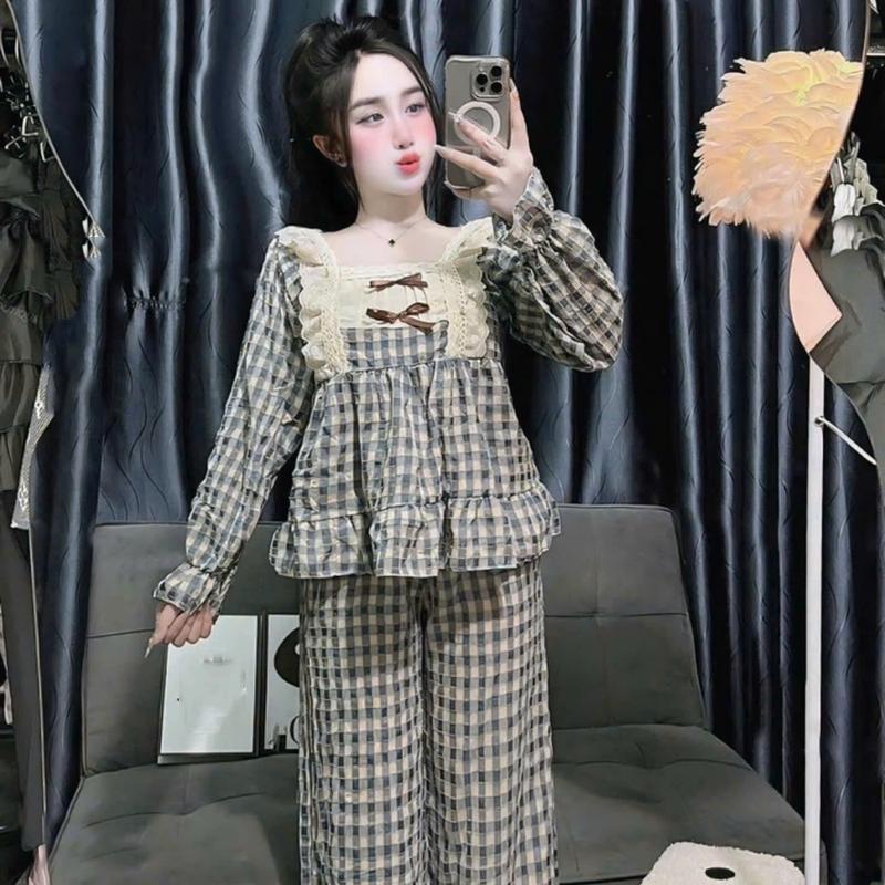 Set bộ baby doll caro xinh Bộ đồ ngủ caro tay dài Bộ đồ ngủ quần dài Nữ Dress