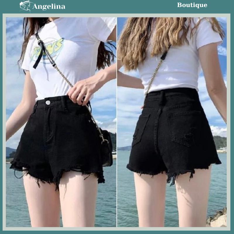 quần short nữ chữ A quần đùi nữ Quần đùi Jean nữ 2 màu đen trắng phối rách tua rua