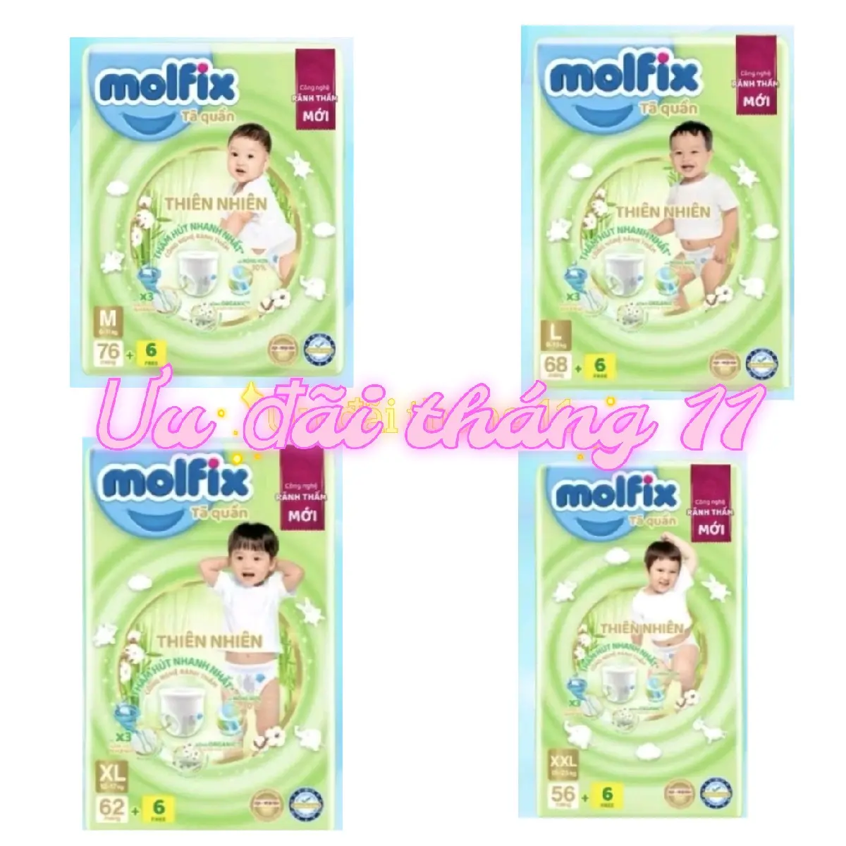 Tã quần molfix size M76, l 68, xl62,xxl56 tặng 6 miếng Cho Bé bỉm  có  Voi, Tết