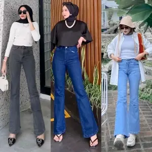 Celana Cutbray Wanita Strecht Kekinian Flared High Waist Santai Polos Hitam Putih Jeans Panjang Nyaman Melar Cewek Low Denim
