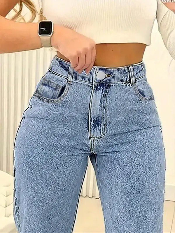 Women's Plain Jeans, Fashion Casual Wide Leg Pants for Daily Outdoor Wear, Ladies Bottoms for All Seasons, Womenswear 3