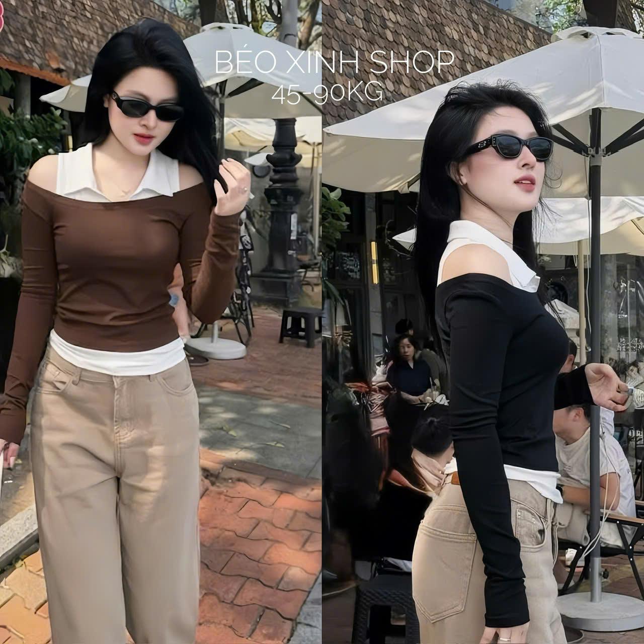 Áo Thun Tay Dài Trễ Vai Phối Cổ Sơ Mi Vải Thun Gân Tăm Dày Dặn Thanh Lịch Cho Nàng 45-90Kg Dễ Thương Nữ  - B.1762