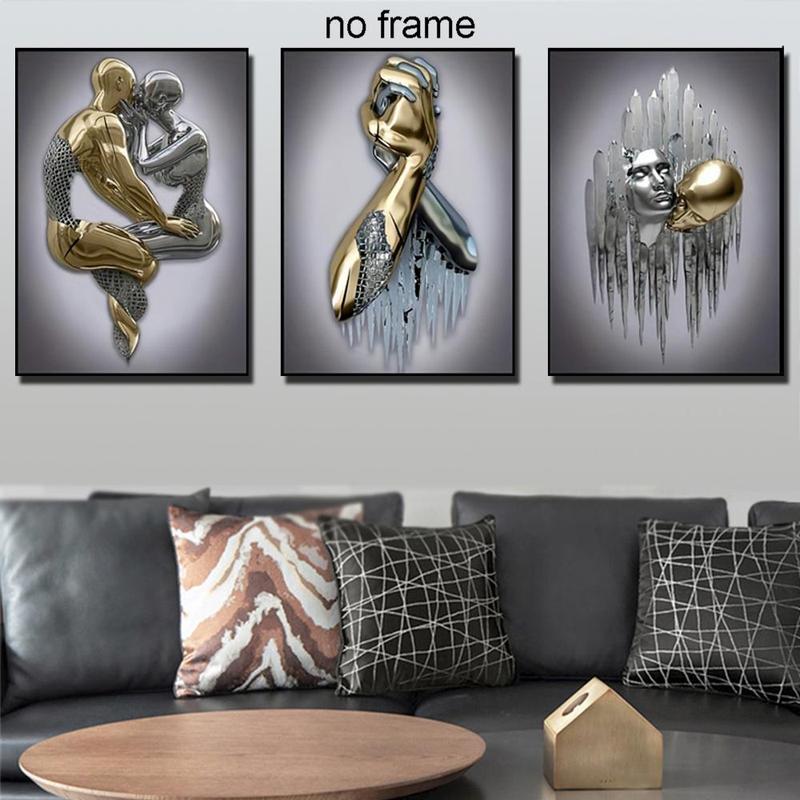 3D Metal Sculpture Statue Couple Pattern Canvas Wall Art without Frame, 3 Counts Modern Simple Wall Art Painting, Wall Art Decor for Home Living Room Bedroom 2