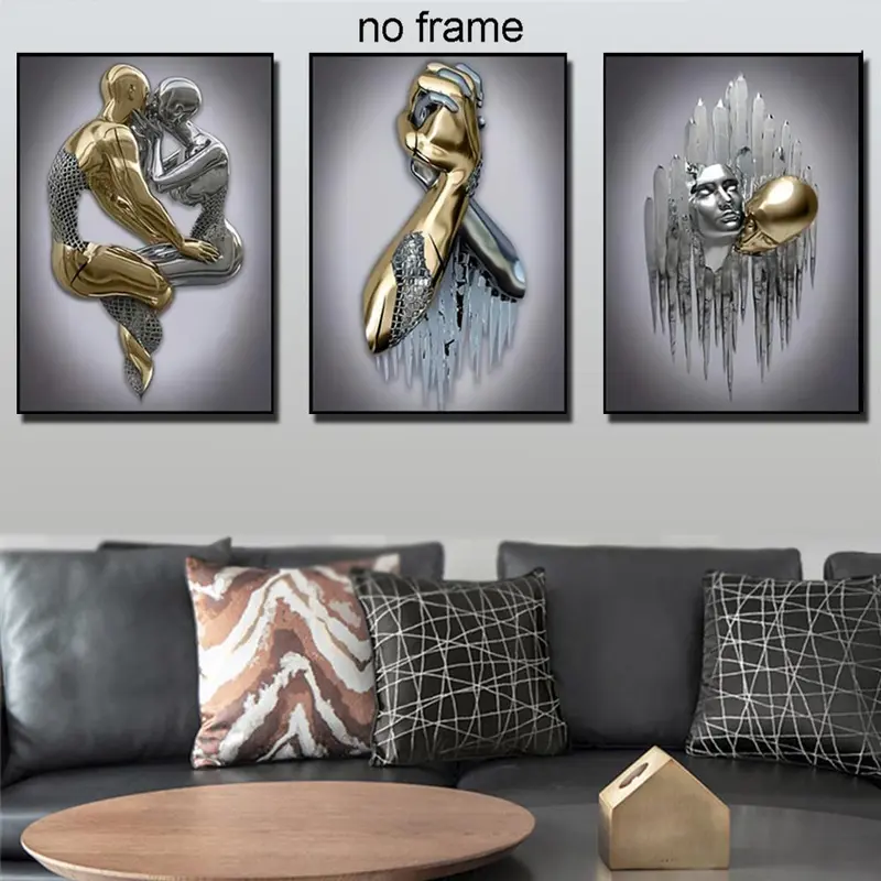 3D Metal Sculpture Statue Couple Pattern Canvas Wall Art without Frame, 3 Counts Modern Simple Wall Art Painting, Wall Art Decor for Home Living Room Bedroom 2