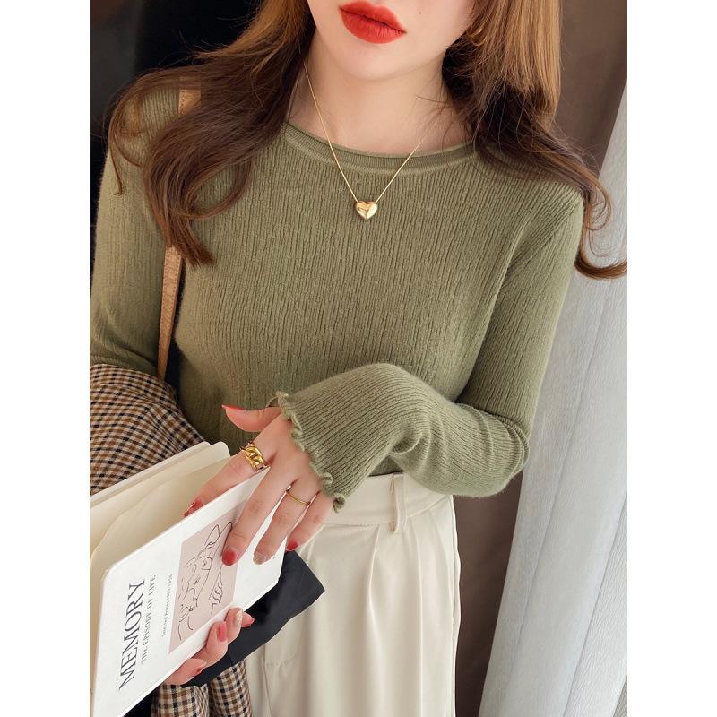 Women's Knitted Bottoming Shirt 2024 New Early Autumn Design Sense Niche Fashionable Sweater round Neck Sweater Inner Wear Blouse Knitwear Womenswear Tops Lingerie Comfort Longsleeve Minimalist Crewneck Basic 4