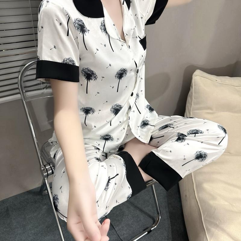 LAC - Bộ ngủ Nữ chất liệu Lụa Satin hoạ tiết Cỏ Bông Lau mã CDST01 Women Áo 3
