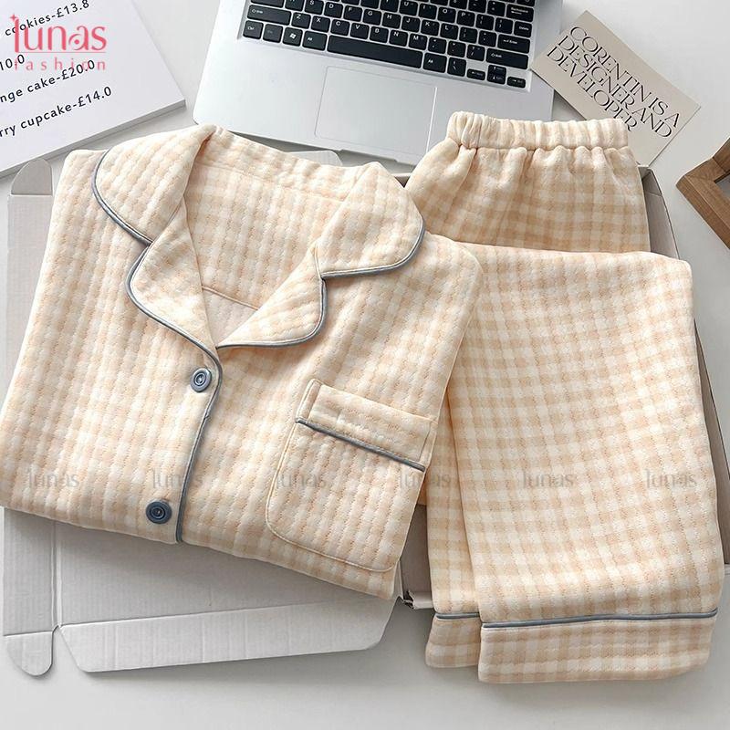 Bộ Đồ Ngủ Sandwich Bông Không Khí, Dành Cho Nữ, Mùa Thu Và Mùa Đông, Dày Dặn, Kẻ Sọc Ngọt Ngào Áo Mặc Bên Ngoài Mùa Đông, Bộ Đồ Mặc Nhà Đơn Giản, Phong Cách Ins Mới