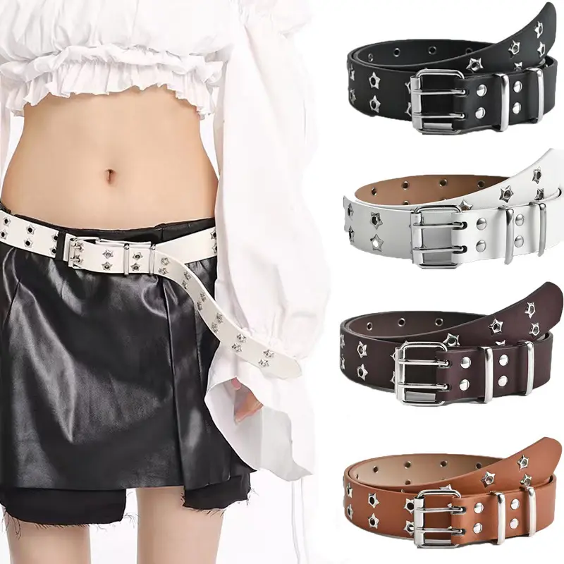 Thắt Lưng Dây Chuyền Xích, Thời Trang, Phong Cách Punk, Có Thể Điều Chỉnh, Ngôi Sao Rỗng Khóa Hai Ngực, Khóa Kim Loại, Làm Bằng Da, Thích Hợp Cho Quần Jean, Dây Thắt Lưng