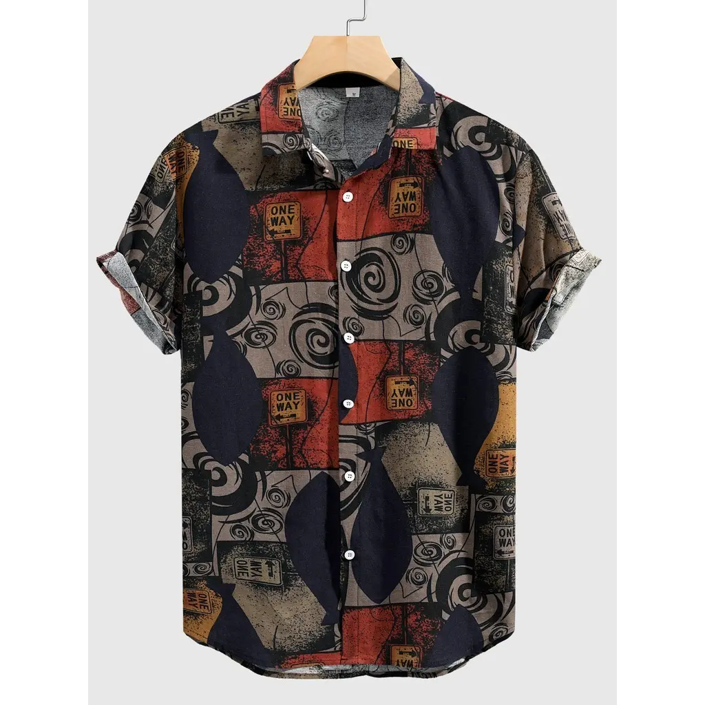 Men Style Loose Cotton Blend Geometric Print Shirt Casual Breble Con Up Short Sleeve Shirt for Summer Outdoor Activities