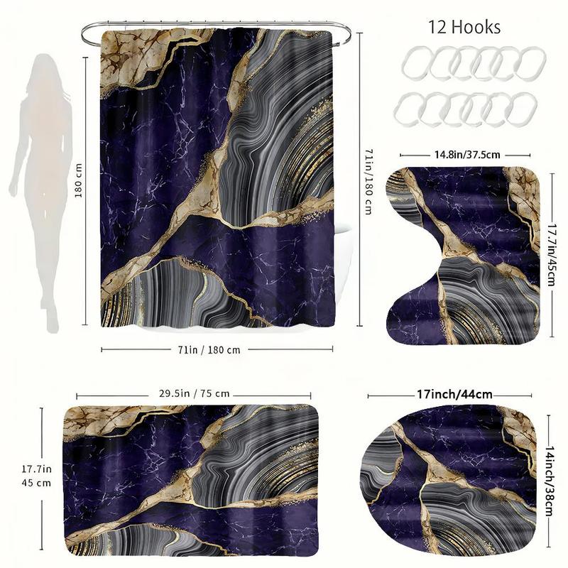 Marble Pattern Bathroom Accessories, 1 Set Including Shower Curtain with 12 Hooks, U-shaped Mat, Toilet Lid Cover Pad and Rectangular Mat 1