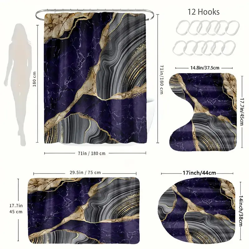 Marble Pattern Bathroom Accessories, 1 Set Including Shower Curtain with 12 Hooks, U-shaped Mat, Toilet Lid Cover Pad and Rectangular Mat 1